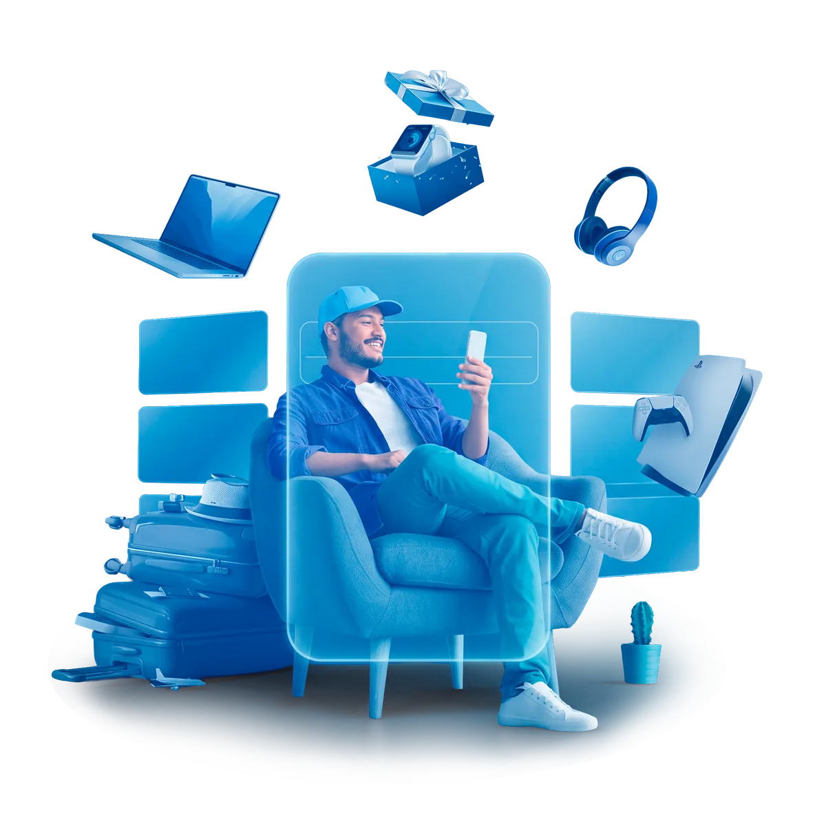 Cliente conectado com notebook, videogame, fones e dispositivos ao redor